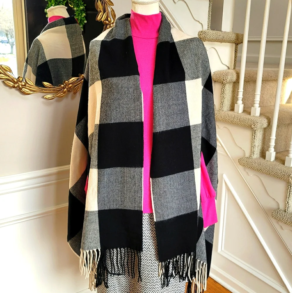 New! J Crew White Buffalo Check Plaid Cape-scarf NWT
